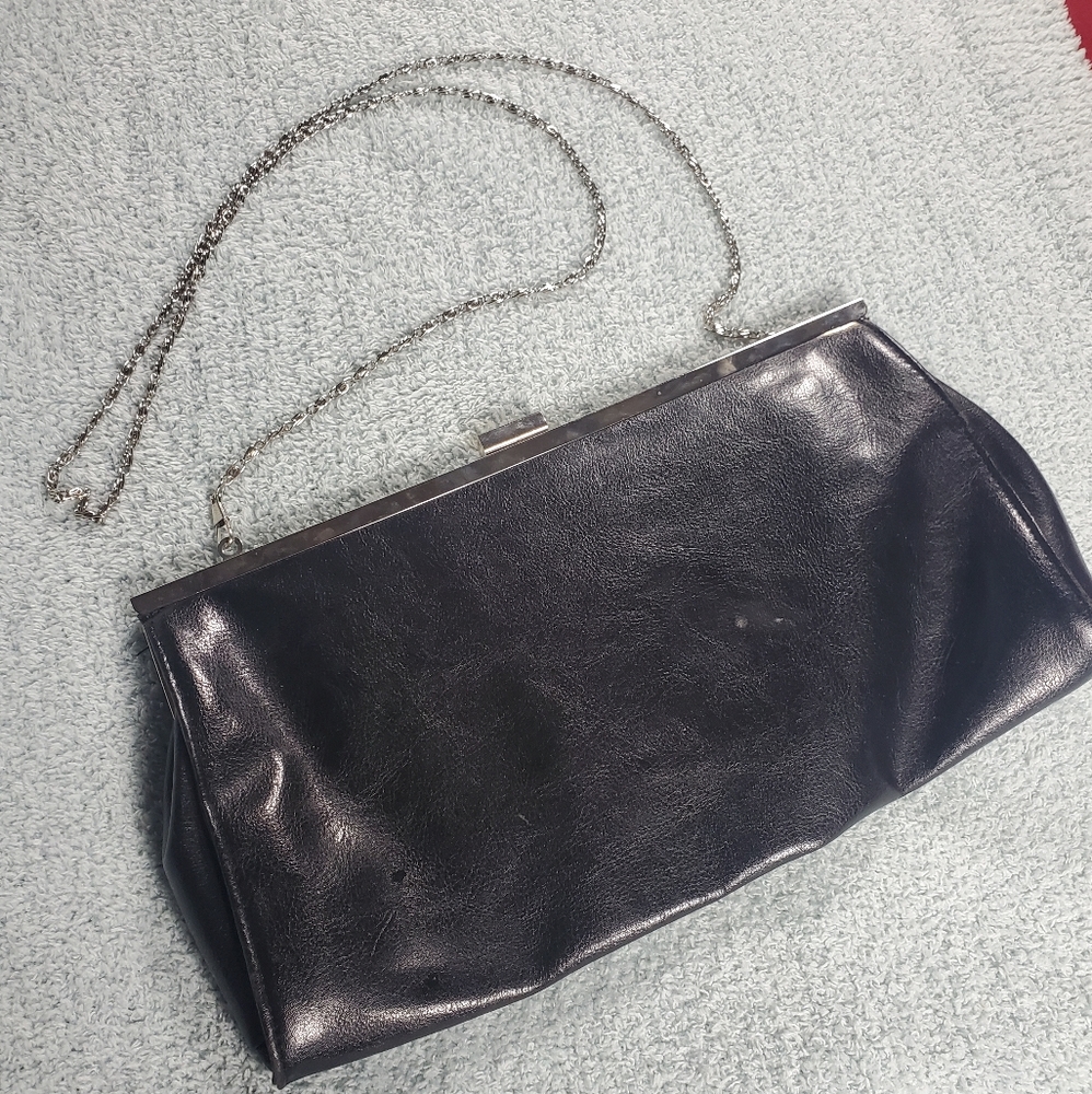Vintage Black Pleather Evening Purse Shoulder Bag